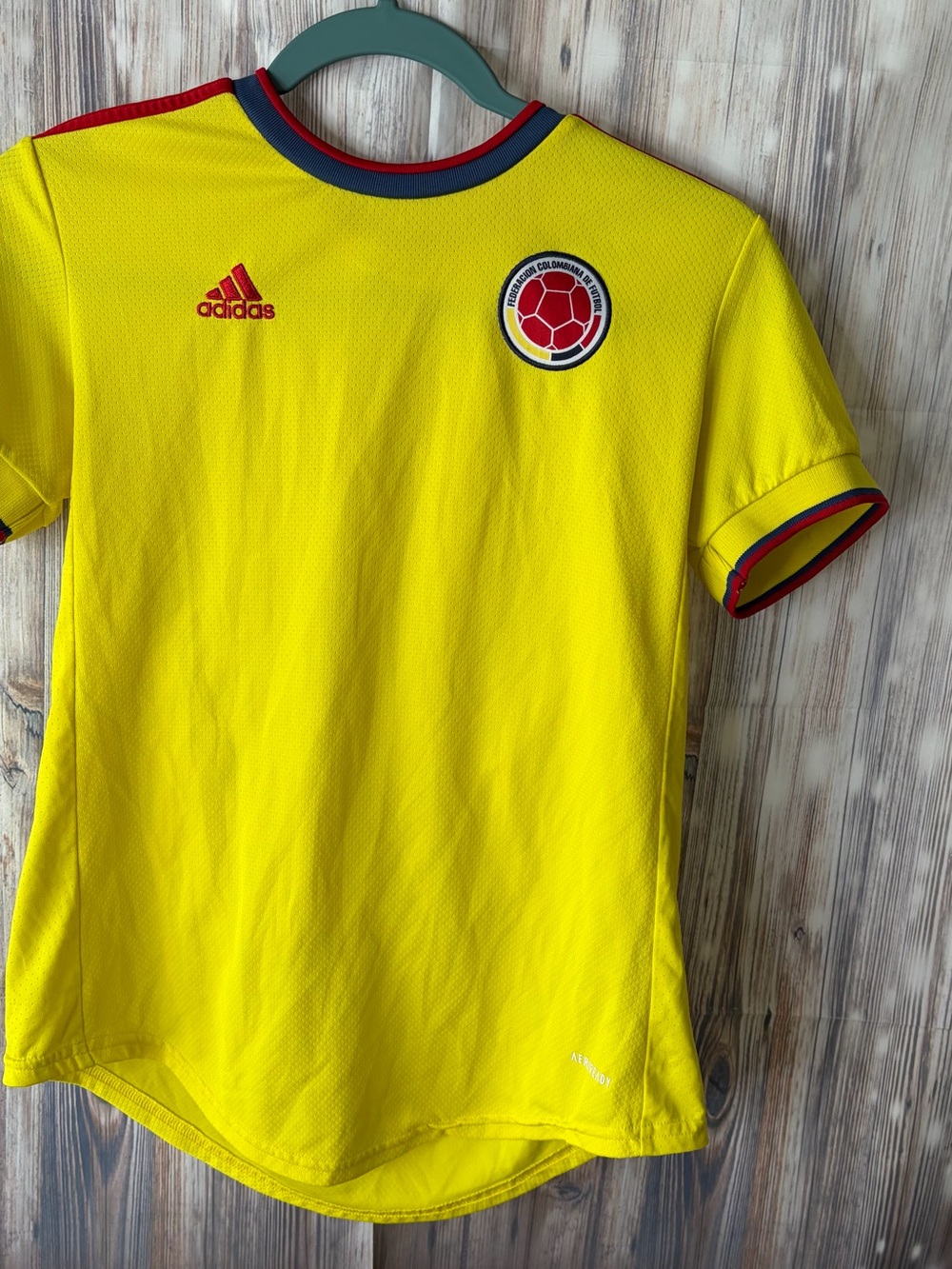 adidas Yellow Colombia Kids Soccer Jersey with Red & Blue Trim